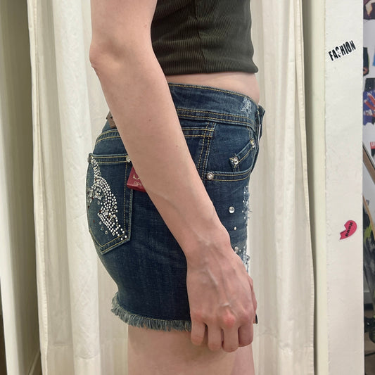 eighth sin 00s distressed dark wash mini skirt with pearls and secret inside pocket