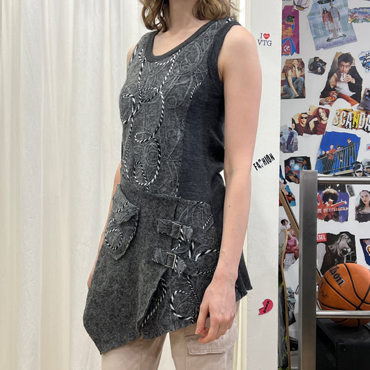 00s grey wool asymmetric long vest minidress