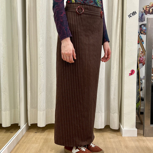 90s brown pinstripe maxi tube skirt with resin buckles