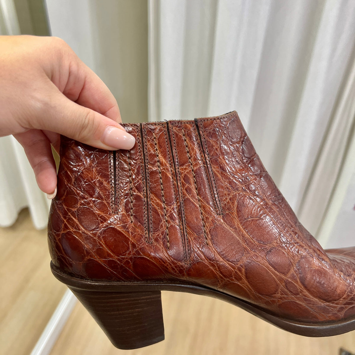 the saddler brown croc print leather cowboy ankle boots