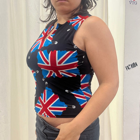 chichi's paris 00s black tank top with uk union jack flags and silver glitter safety pins