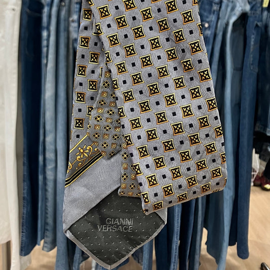 gianni versace 90s grey silk tie with gold baroque geometric print