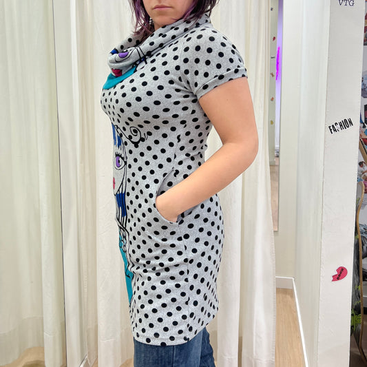 grey short sleeve polka dots minidress with roll neck