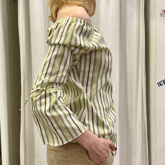 benetton 00s green white striped off the shoulder shirt