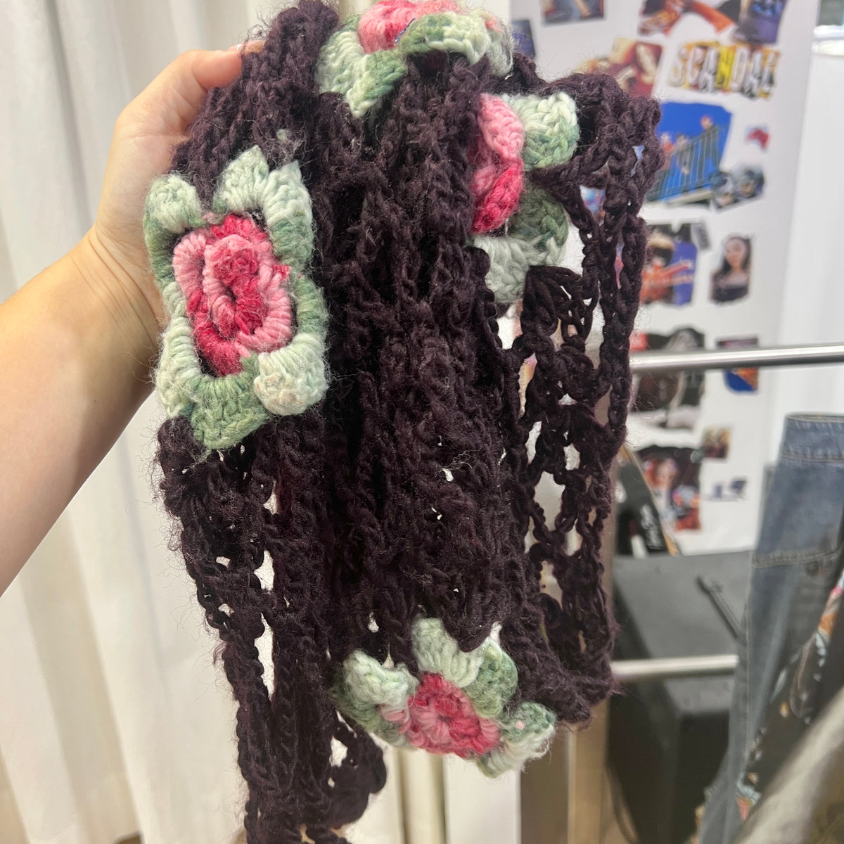 dark purple knit skinny scarf with pink roses