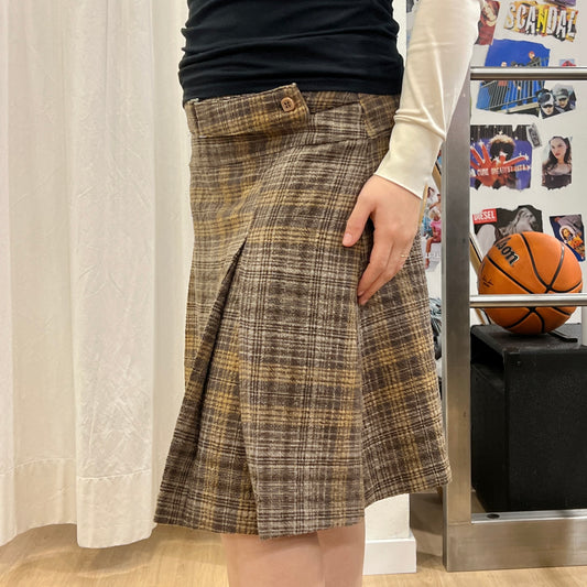 gonna midi plissettata in lana marrone a quadri ‘00s