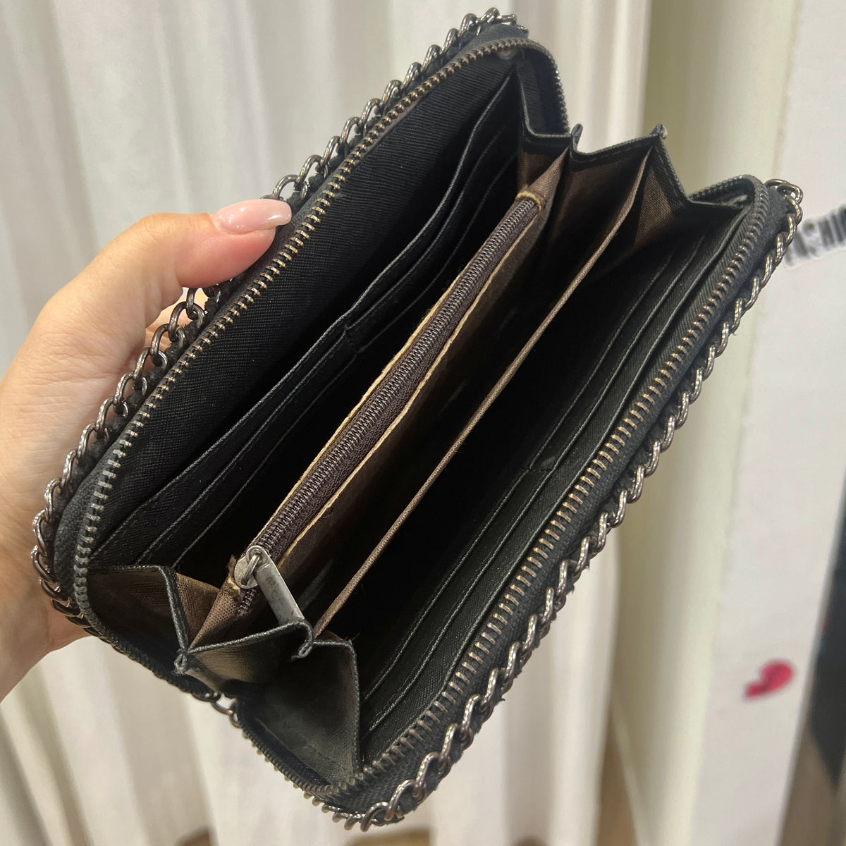 faux black suede wallet with silver chain