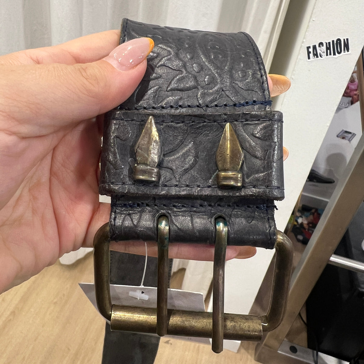 baroque embossed black leather belt with bronze hardware