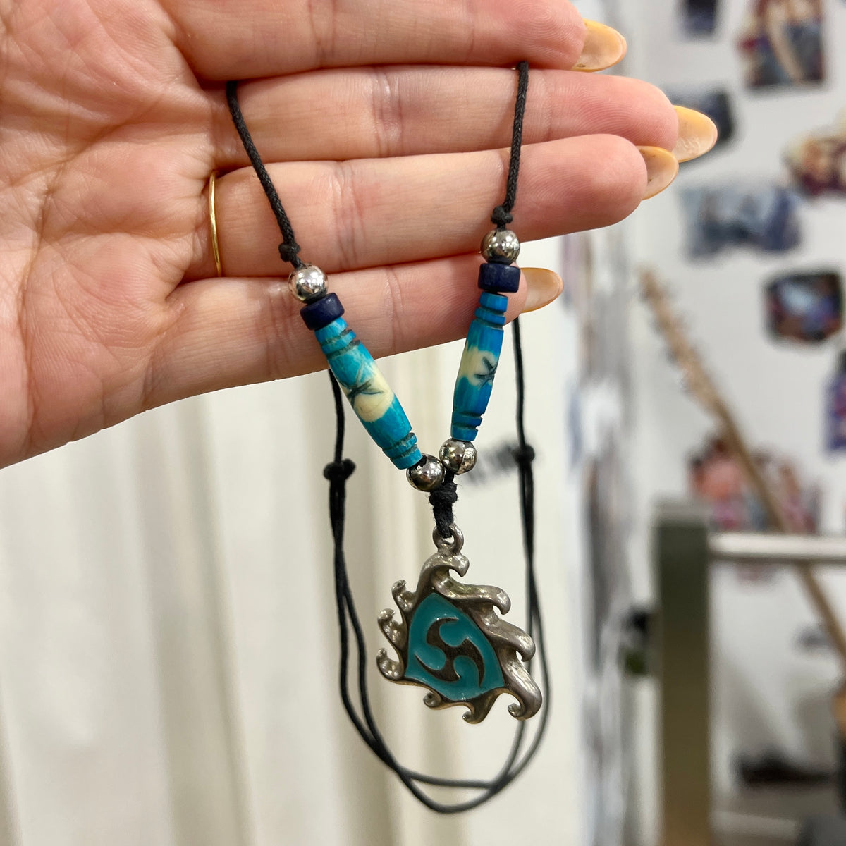 silver blue tribal spikey pendant necklace with black string