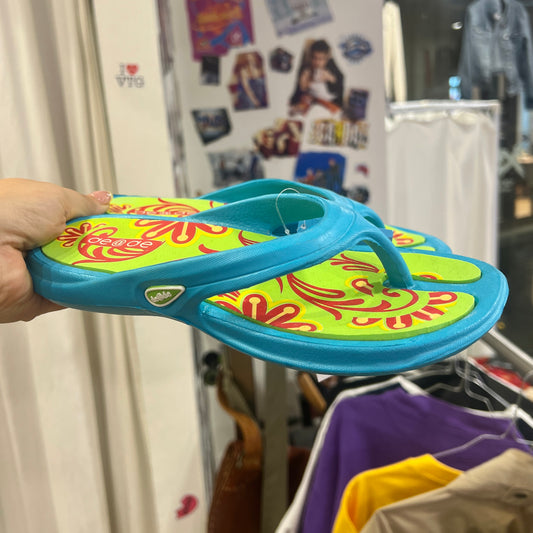 deade 00s blue green tropical print flip flops