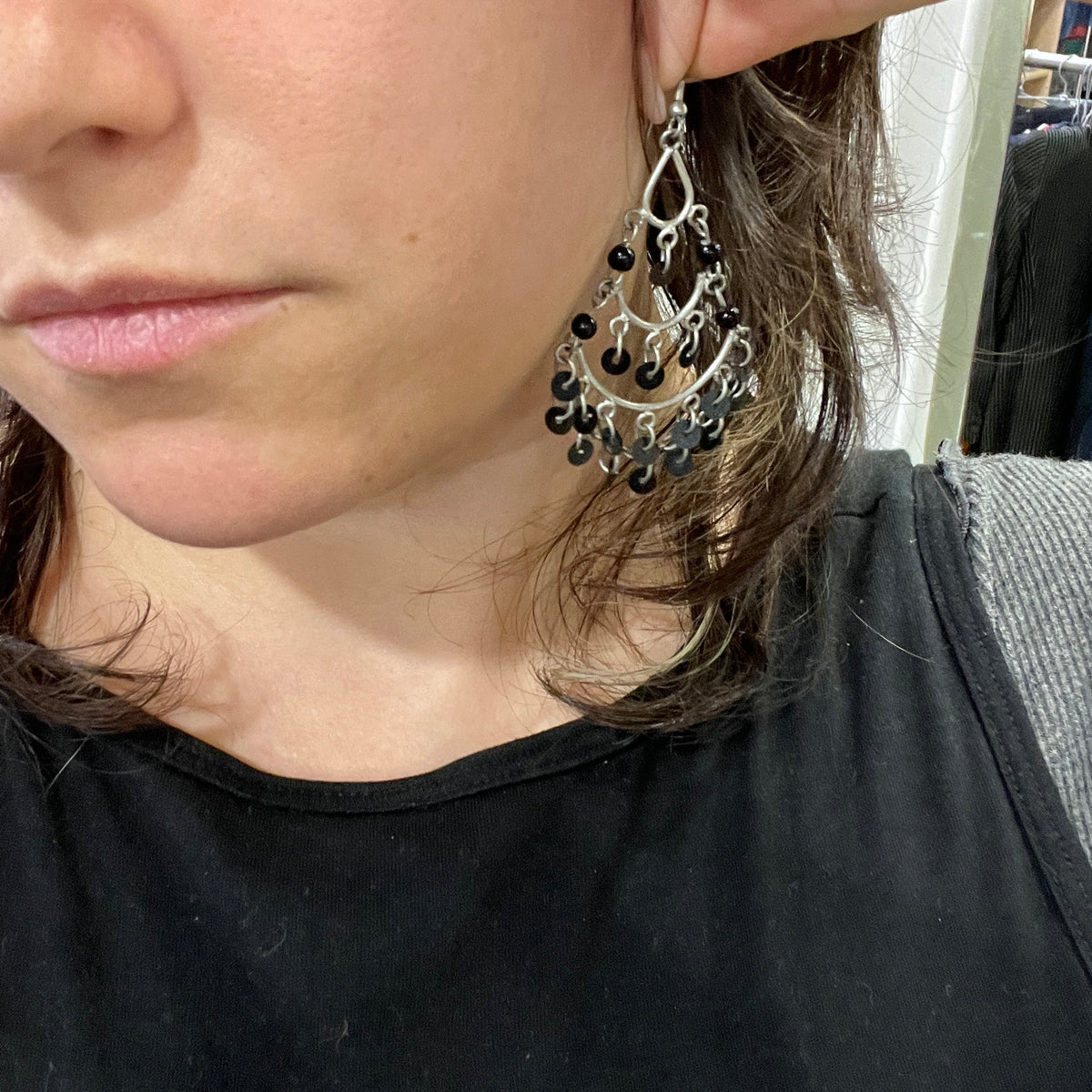 silver tiered earrings with black beads