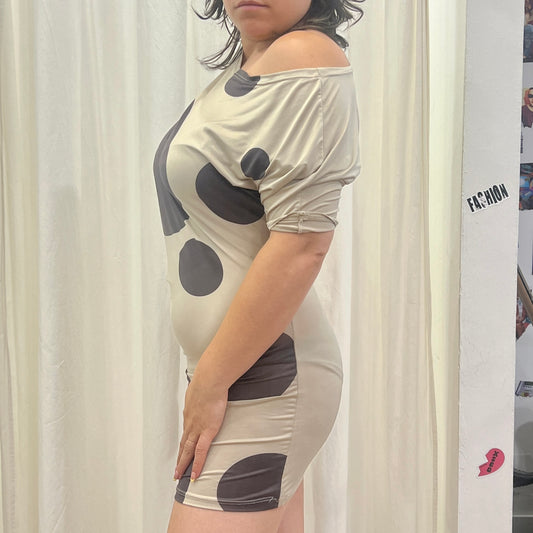 miska 00s beige off the shoulder minidress with brown polka dots