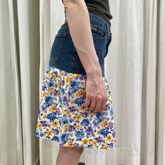 ingly 00s dark wash denim skirt with floral bottom pannel