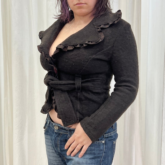 00s brown wool fitted blazer with waist belt and frills