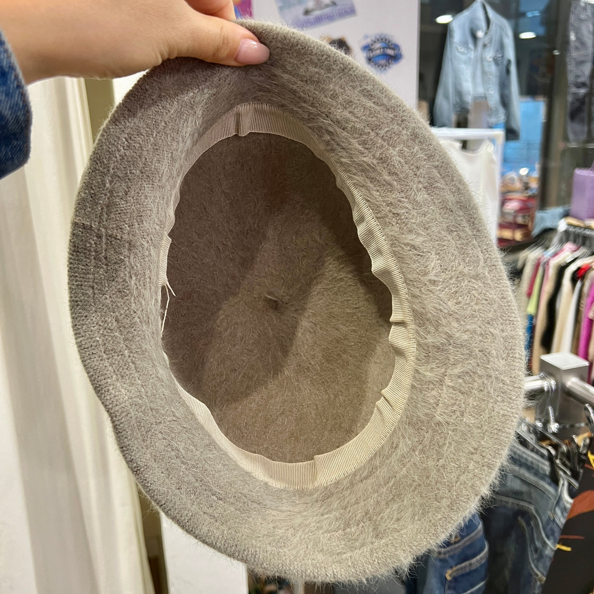 handmade grey fuzzy bucket hat