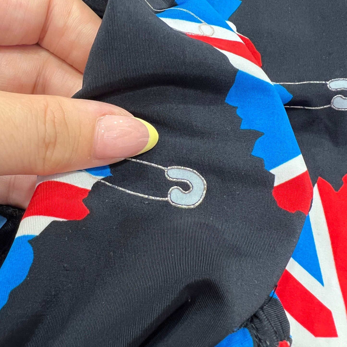 chichi's paris 00s black tank top with uk union jack flags and silver glitter safety pins