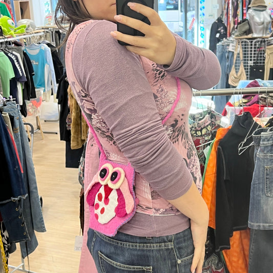 handmade pink felt owl crossbody mini bag