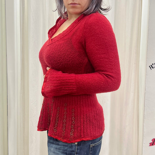 mariella burani 00s red wool bell sleeve sweater with metal hoops