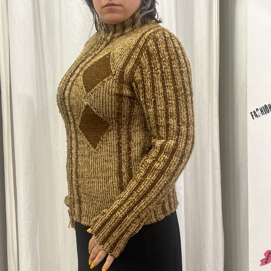 elegant 00s brown tan wool knit zip up sweater