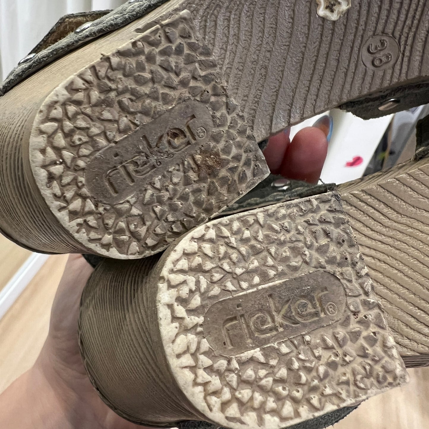 rieker 00s grey suede wooden clog heel sandals