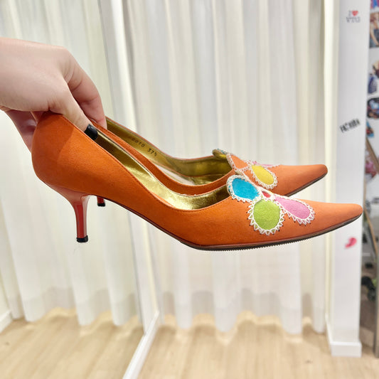 mariella burani 00s orange suede heels with colorful flower