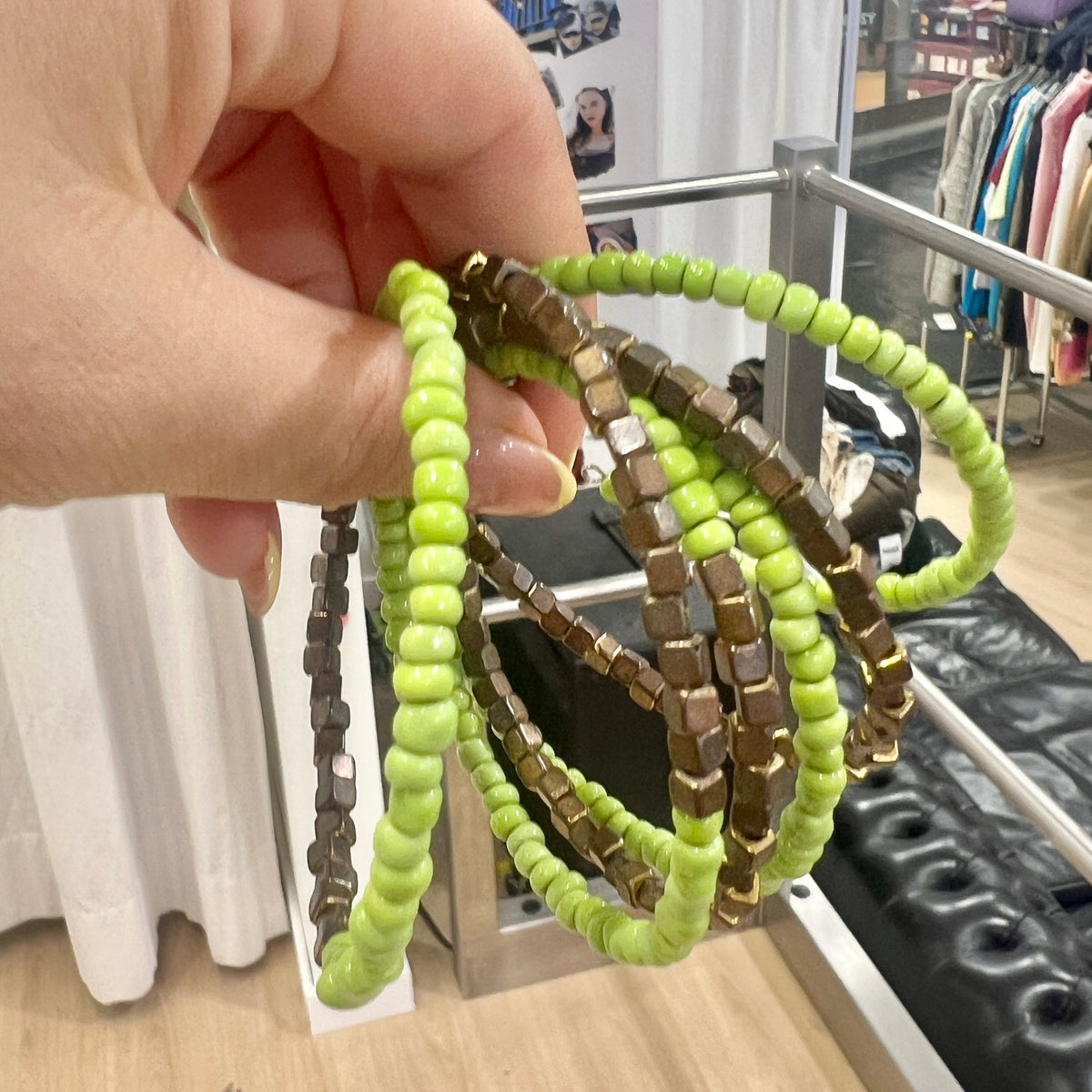 bronze green beaded round spiral bracelet