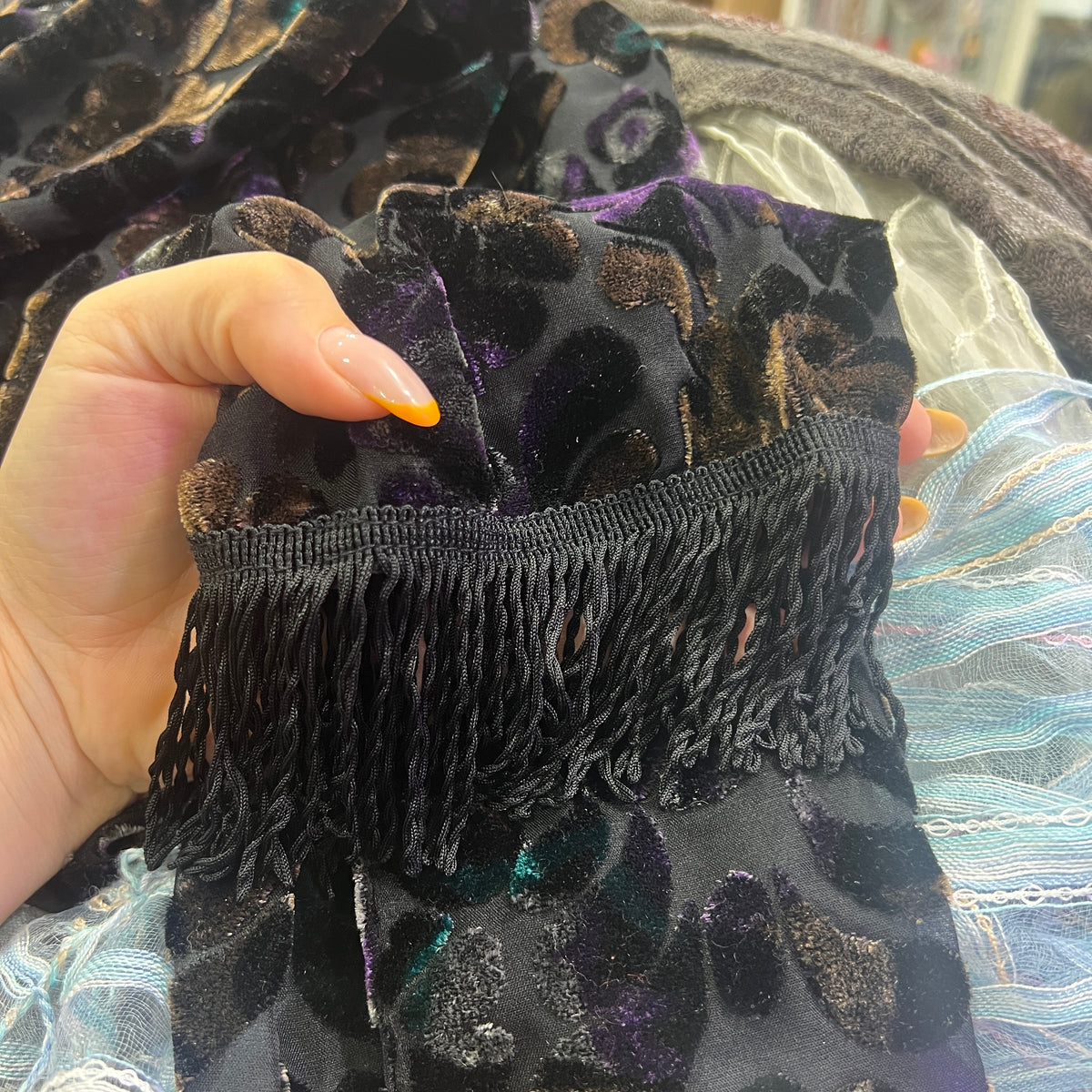 black sheer skinny scarf with velvet floral print and fringes
