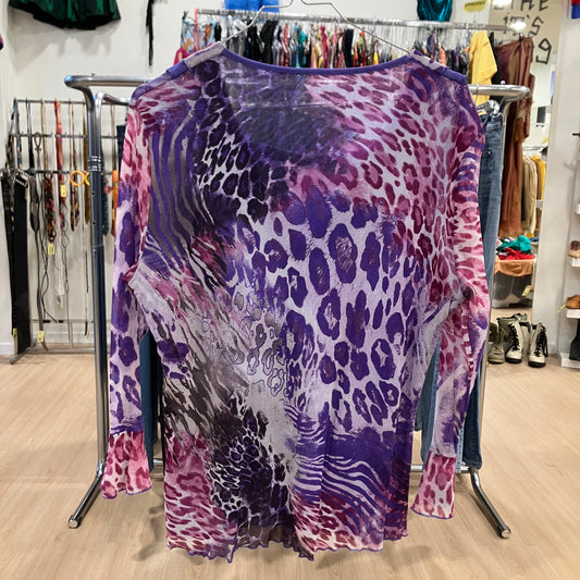 made in italy mesh purple leopard print frilled blouse