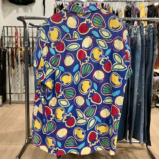 90s blue short sleeve shirt with yellow red fruit print