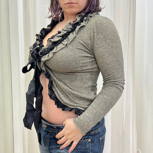 siste's grey wool front tie cardigan with ruffles