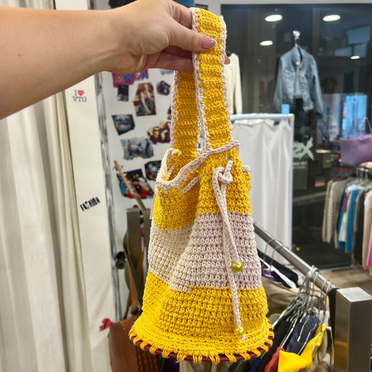 yellow white crochet bucket bag with flower