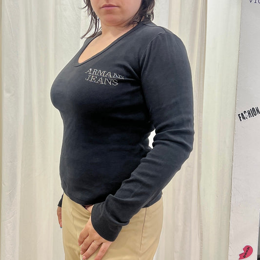 AJ armani jeans 00s black long sleeve top with rhynestone logo