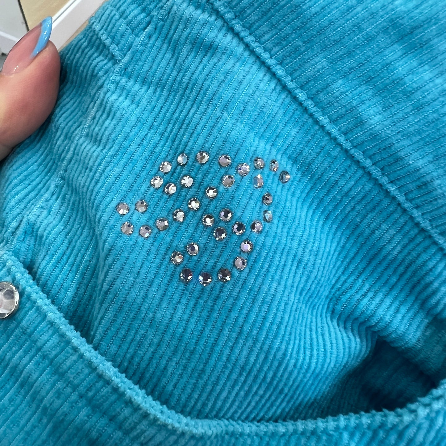 blumarine 00s turquoise corduroy velvet capri pants with rhynestones