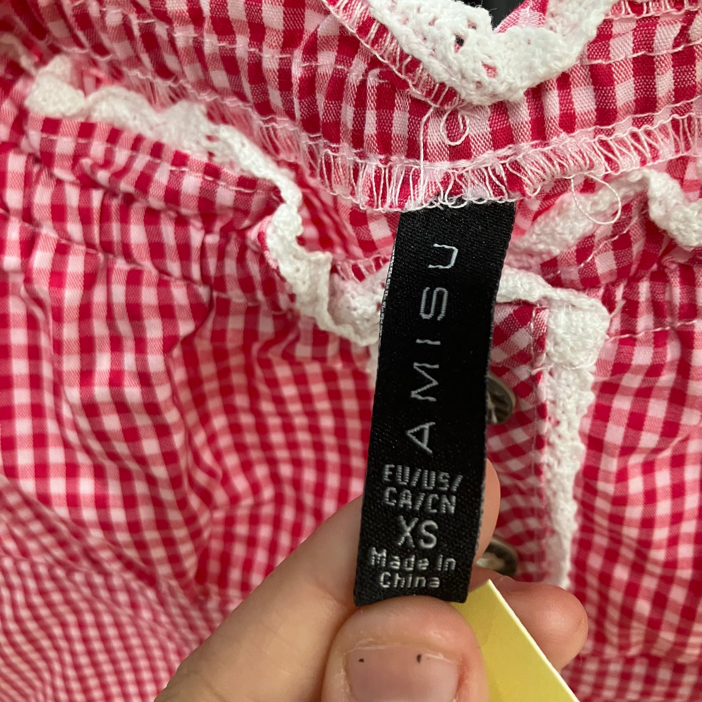 amisu white red gingham sinched off the shoulder short sleeve shirt