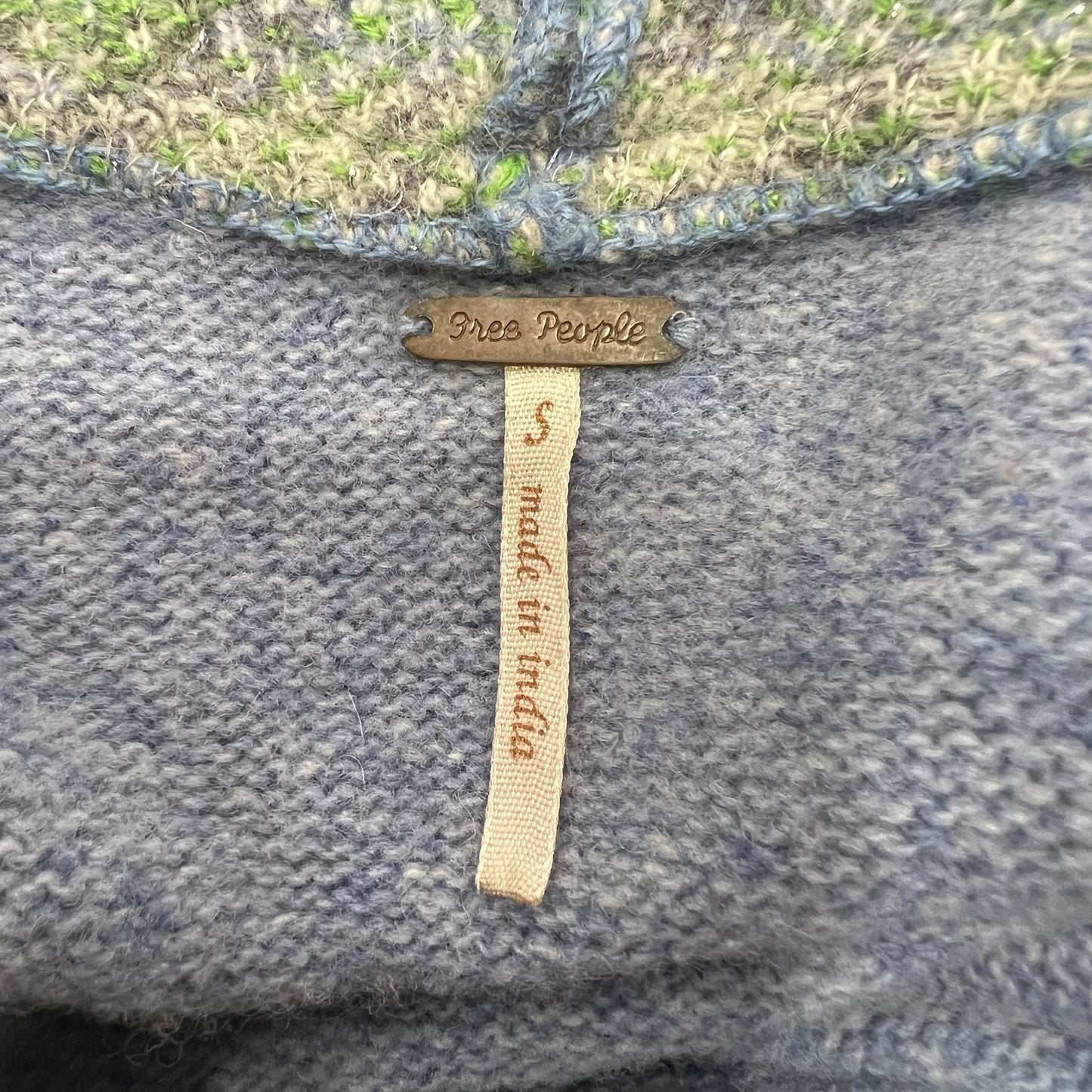 free people 00s light blue wool sweater with front pocket and hood