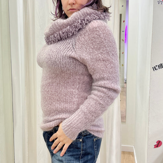 la fretta 00s lilac wool knit sweater with fringed roll neck