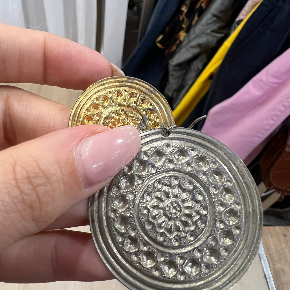 silver gold embossed medallion earrings