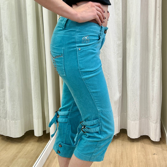 blumarine 00s turquoise corduroy velvet capri pants with rhynestones