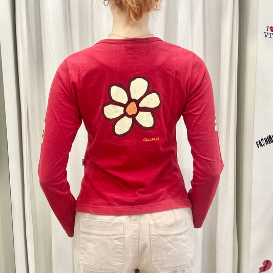 guru 00s red long sleeve top with maxi daisy back print