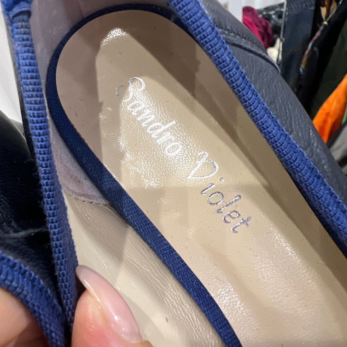 sandro violet navy leather chunky heel square tip ballet flats