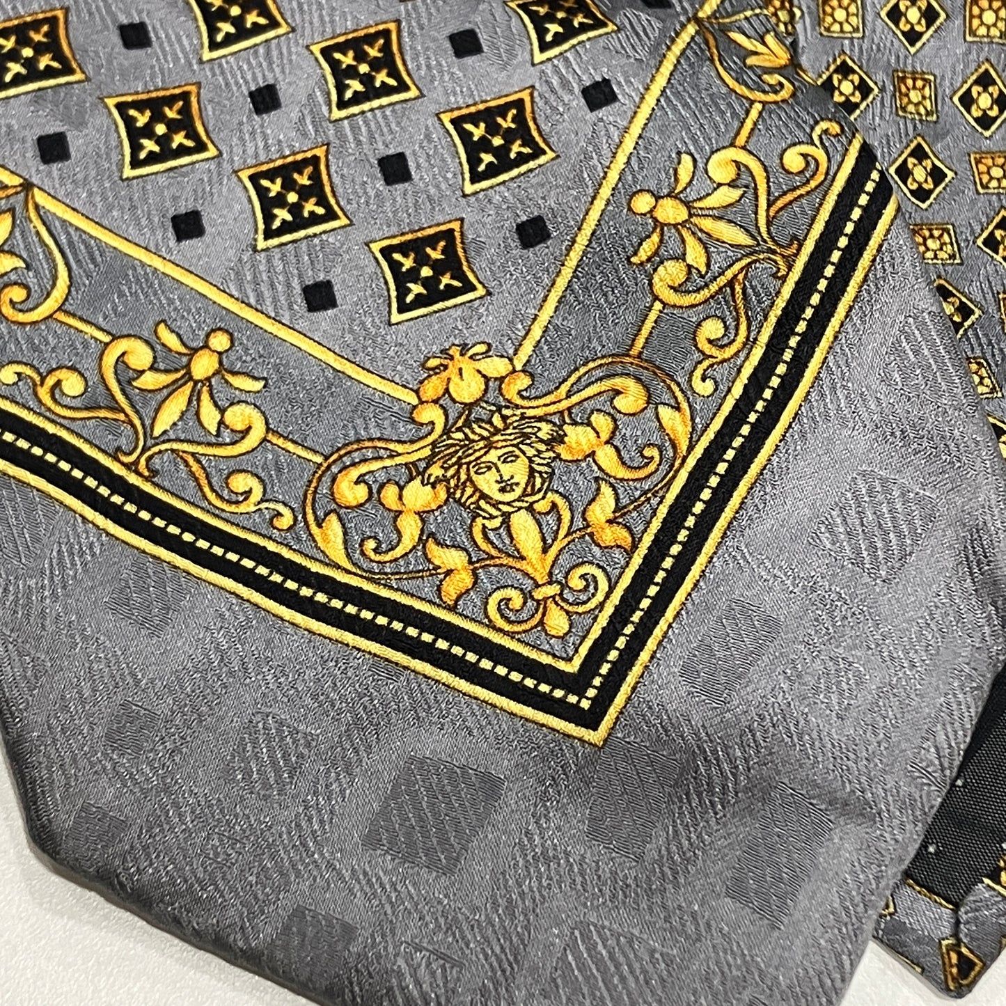 gianni versace 90s grey silk tie with gold baroque geometric print