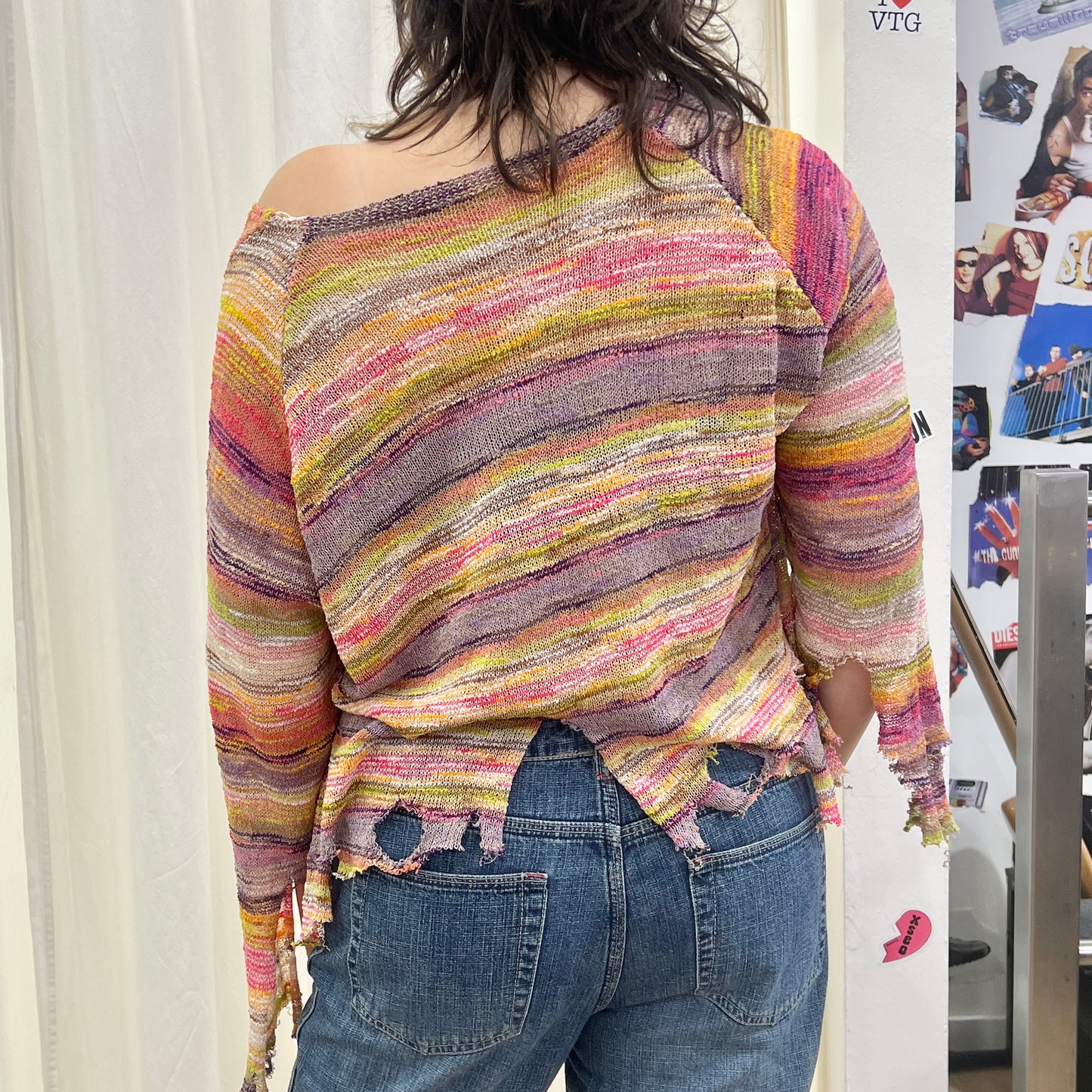 reworked distressed cropped multicolor striped knit sweater