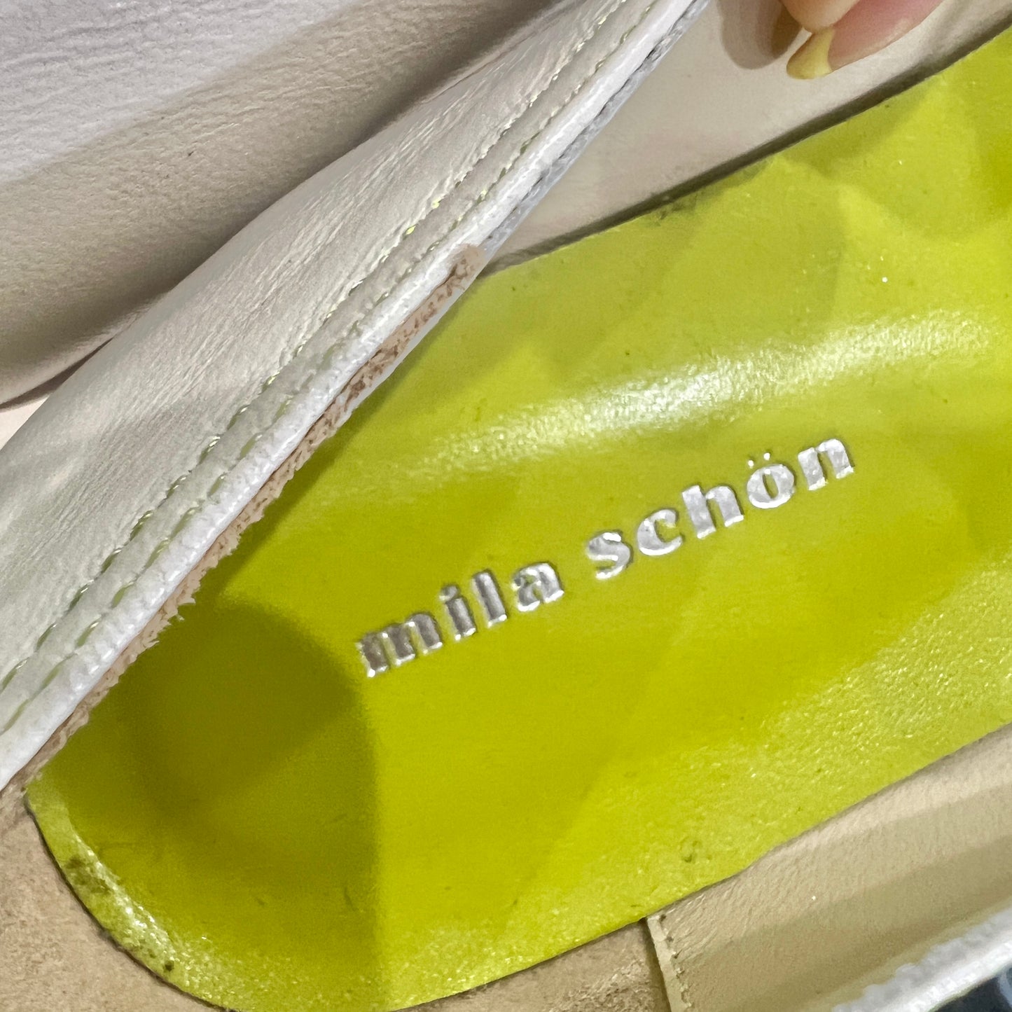 mila schon white leather lime green interior ballet flats