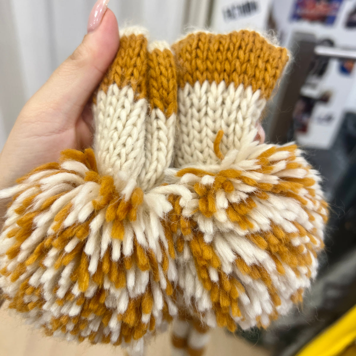 cream mustard striped knit skinny scarf with pompoms