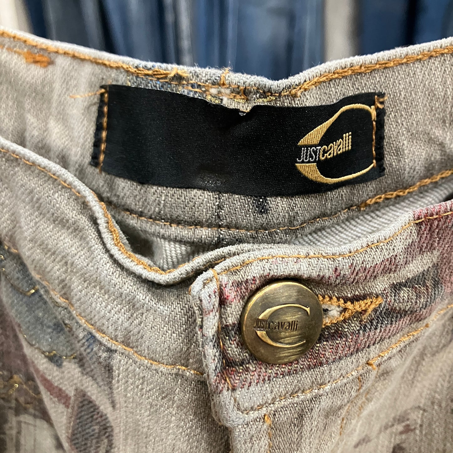 Close-up of Just Cavalli jeans with button and label