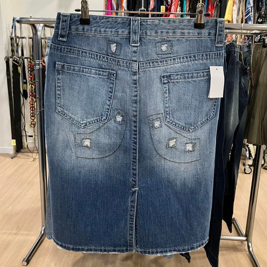 distressed denim knee length skirt with rips
