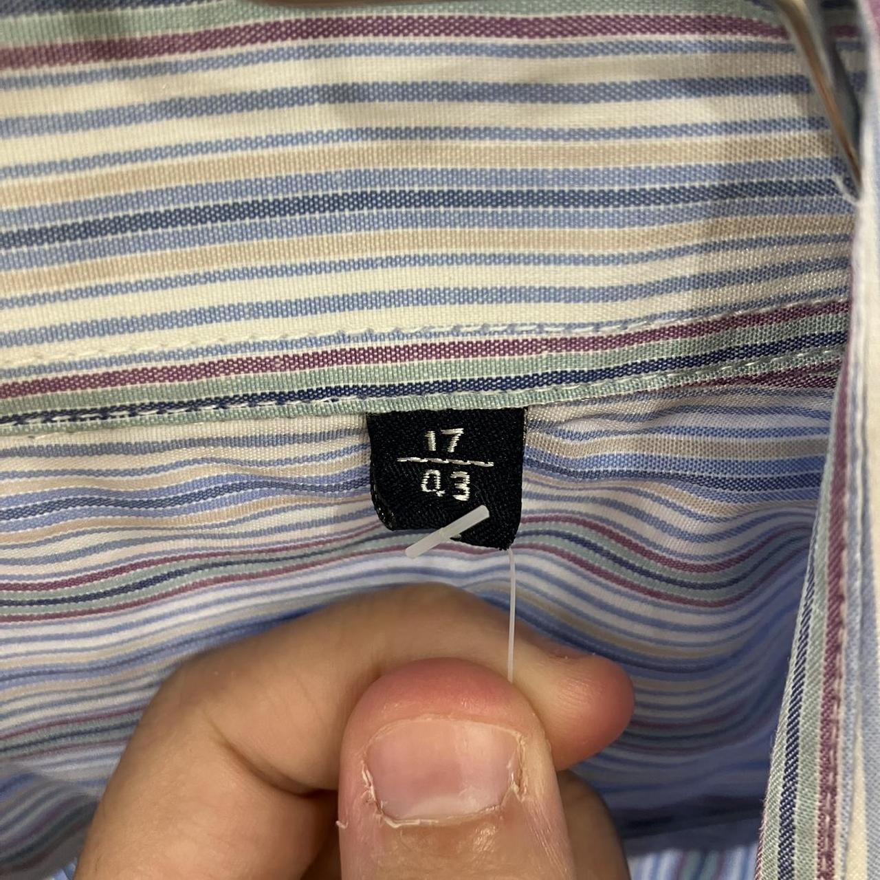 Blue and white striped short sleeve button up shirt