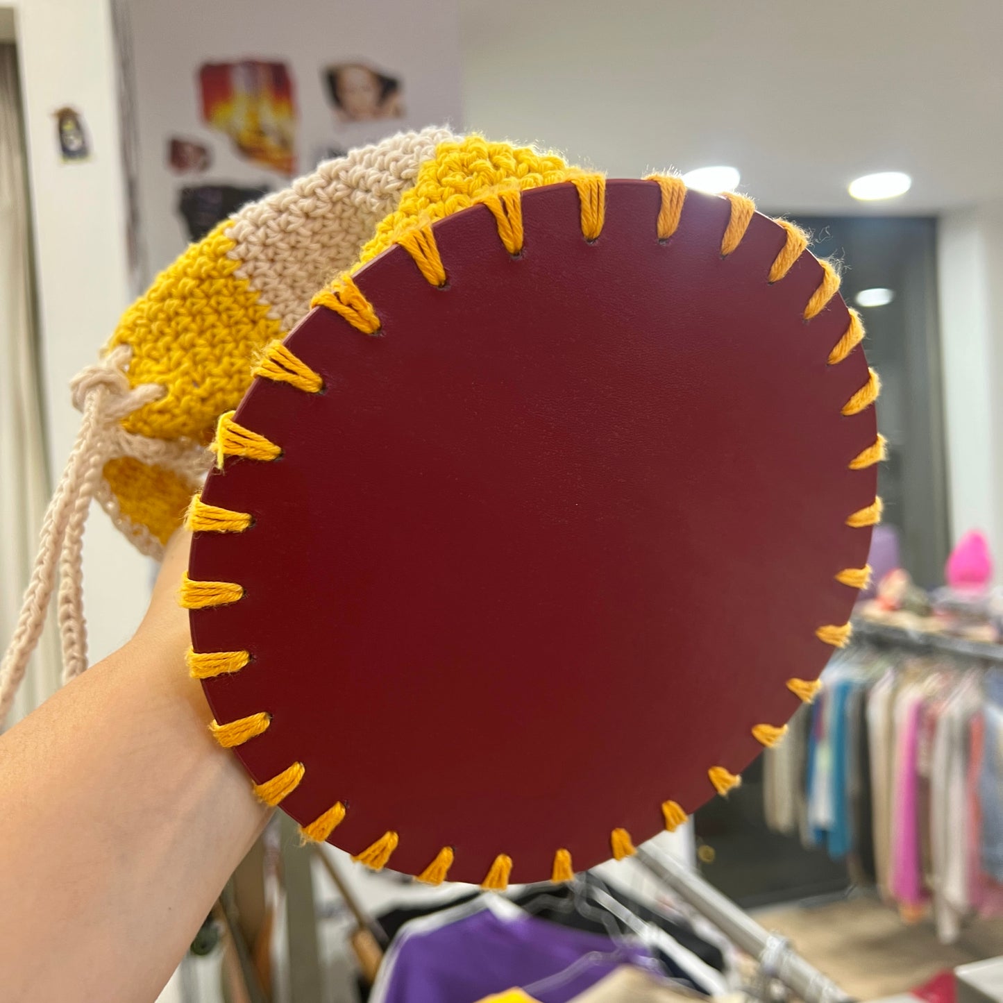 yellow white crochet bucket bag with flower