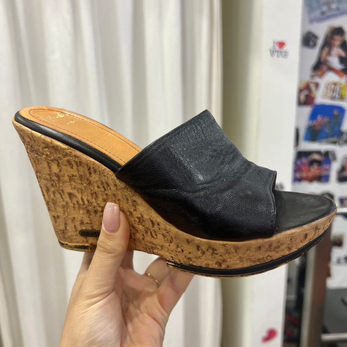 nila&nila black leather cork platform heel sandals