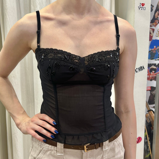 denny rose 00s black mesh corset with embroidered cups